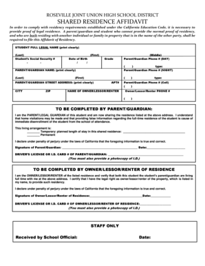 Shared residence affidavit - Roseville Joint Union High School District