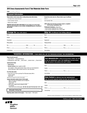 2015 Iowa Assessments Form E Test Materials Order Form