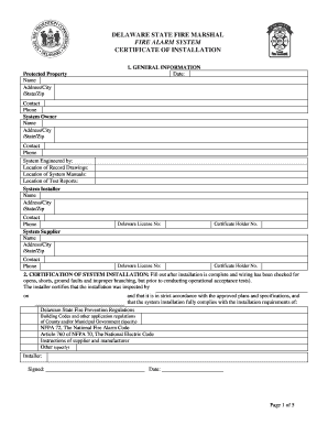 Delaware Fire Alarm System Certificate of Installation