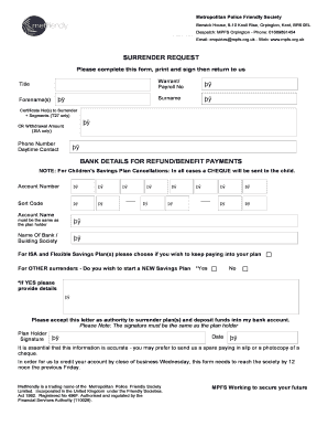 Metropolitan Police Friendly Society Surrender Request
