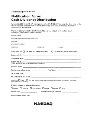NASDAQ Cash Dividend Notification Form