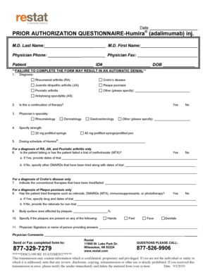 Prior Authorization Questionnaire for Humira