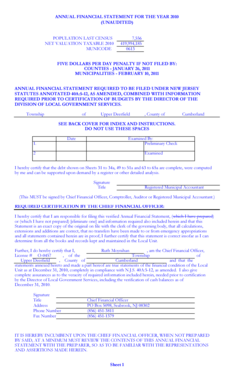 ANNUAL FINANCIAL STATEMENT FOR THE YEAR 2010 (UNAUDITED) POPULATION LAST CENSUS NET VALUATION TAXABLE 2010 MUNICODE 7,556 419,994,185 0613 FIVE DOLLARS PER DAY PENALTY IF NOT FILED BY: COUNTIES JANUARY 26, 2011 MUNICIPALITIES FEBRUARY 10,