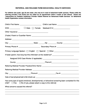 Referral and Release Form for Behavioral Health Services