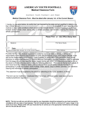 American Youth Football Medical Clearance Form