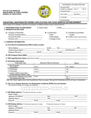 Industrial Wastewater Permit Application for Food Service Establishment