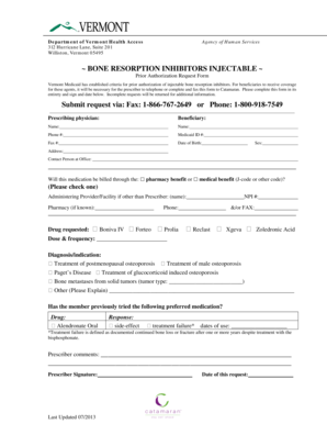 Vermont Medicaid Bone Resorption Inhibitors Prior Authorization Request
