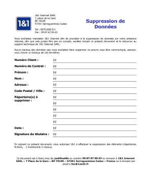Formulaire de demande de suppression de données 1&1 Internet