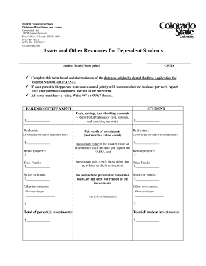 Assets and Other Resources for Dependent Students Form