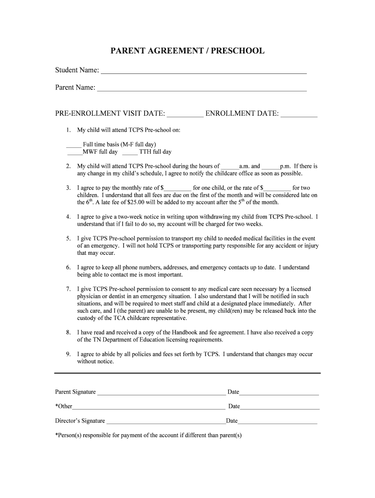 Fillable Online tcpsk12 PARENT AGREEMENT / PRESCHOOL - tcpsk12 Fax ...