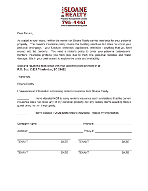 Renter's Insurance Notice and Waiver