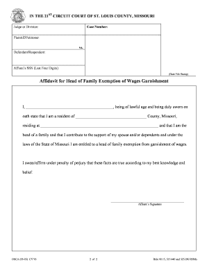 Affidavit for Head of Family Exemption of Wages Garnishment