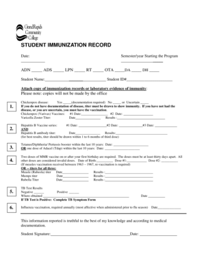 Student Immunization Record Form