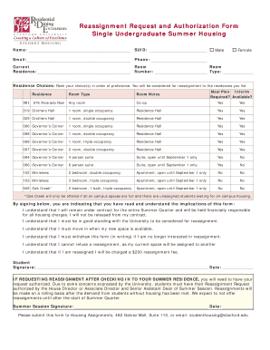 Single Undergraduate Summer Housing Reassignment Request