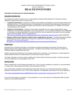 Maryland Child Care Health Inventory Form