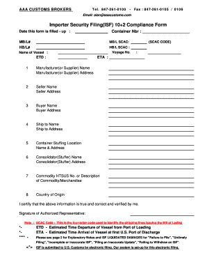 Importer Security Filing 10+2 Compliance Form