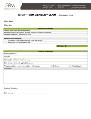 Short Term Disability Claim Employer Form