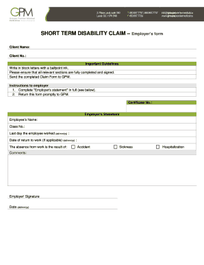 Short Term Disability Claim Employer Form