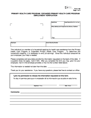 Primary Health Care Program Employment Verification Form 128