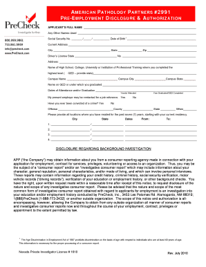 American Pathology Partners Pre-Employment Disclosure & Authorization