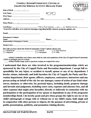 Coppell Senior Community Center Activity Release Form