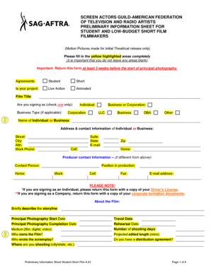 SAG-AFTRA Student Short Film Preliminary Information Sheet