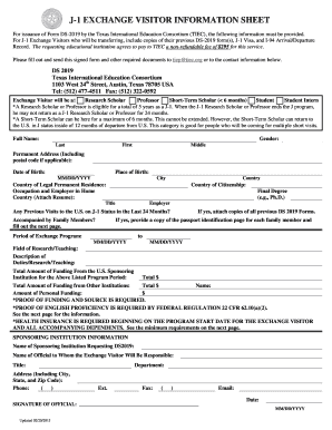 J-1 Exchange Visitor Information Sheet