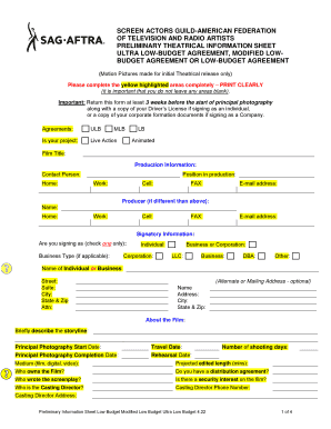 SAG-AFTRA Preliminary Theatrical Information Sheet