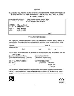 Cape Cod Apartments Preliminary Rental Application