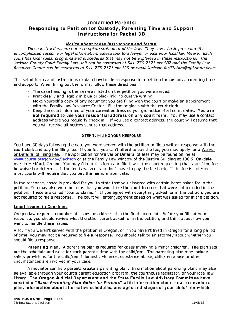 Fillable Online courts oregon Responding to Petition for Custody