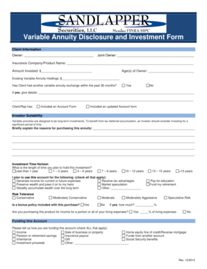 Variable Annuity Disclosure and Investment Form