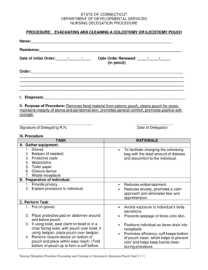 Nursing Delegation Procedure for Evacuating and Cleaning a Colostomy or Ileostomy Pouch