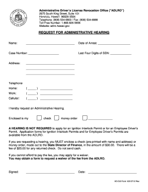 Hawaii Administrative Hearing Request Form