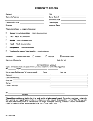 Petition to Reopen Workers' Compensation Claim