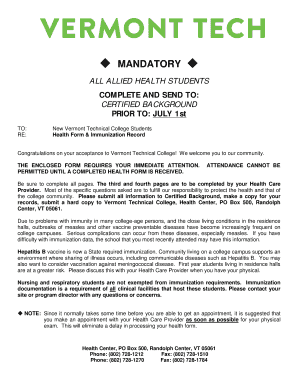 Health Form - Vermont Technical College - vtc