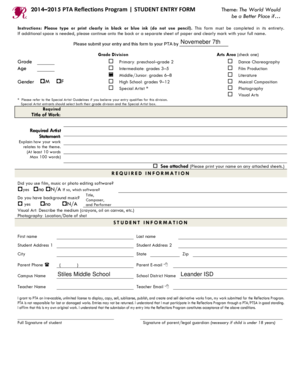PTA Reflections Program Student Entry Form