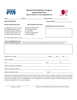 National PTA Reflections Program Student Entry Form