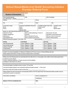 School-Based Behavioral Health Screening Initiative Provider Referral Form