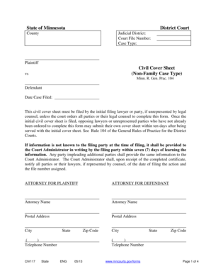 Minnesota Civil Cover Sheet