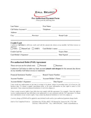 Call Select Pre-Authorized Payment Form