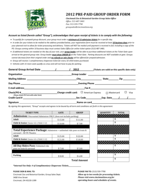 Cincinnati Zoo Pre-Paid Group Order Form