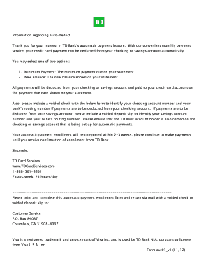 TD Bank Automatic Payment Enrollment Form