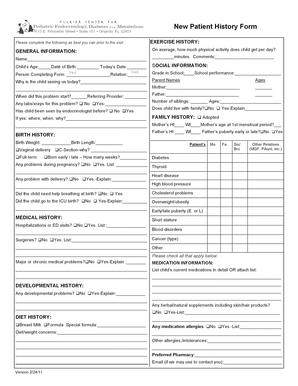 Pediatric Endocrinology New Patient History Form