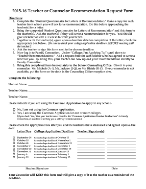 Teacher or Counselor Recommendation Request Form