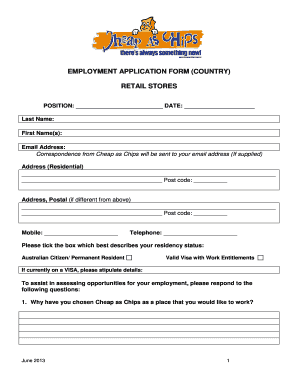 Cheap as Chips Employment Application Form