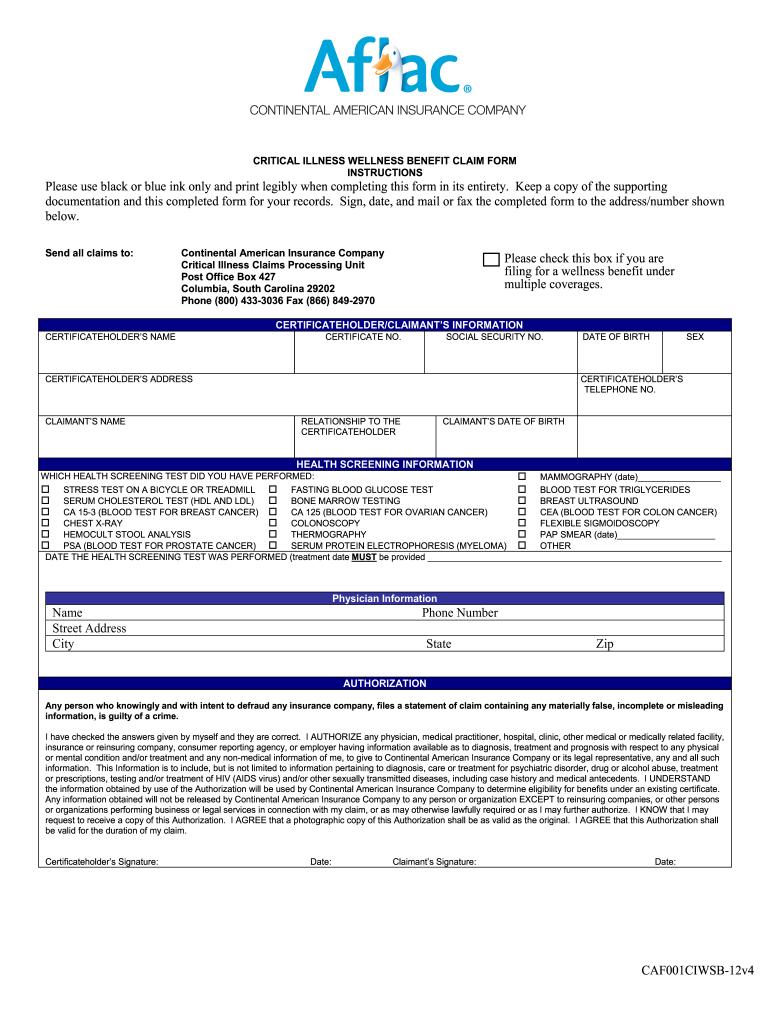 Aflac Critical Illness Wellness Benefit Claim Form 20122021 Fill and