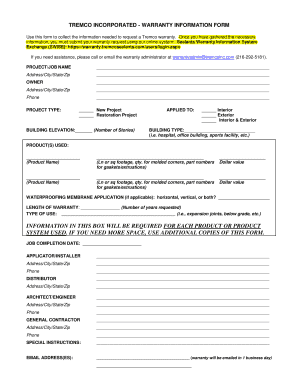 TREMCO INCORPORATED - WARRANTY REQUEST FORM