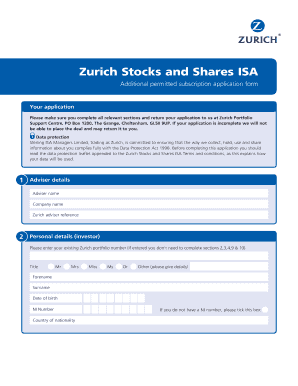 Zurich ISA Additional Permitted Subscription Application Form