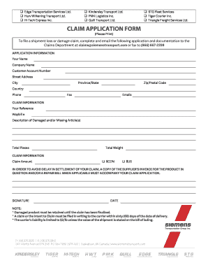Siemens Transport Claim Application Form