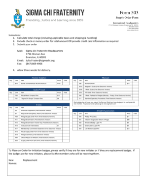 Sigma Chi Supply Order Form 503